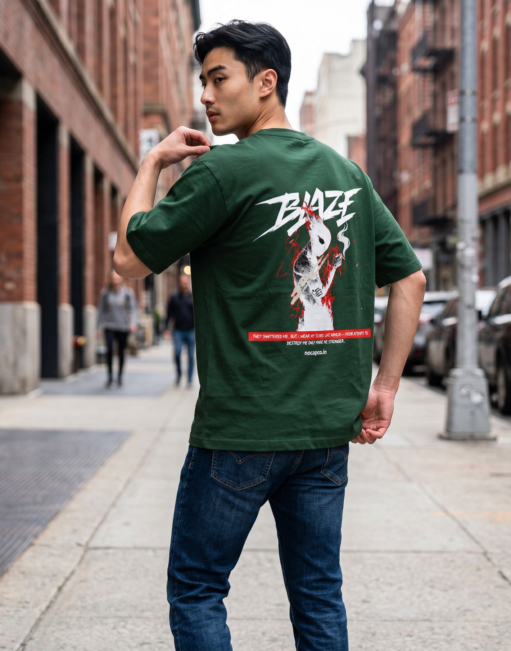 No Cap Co green 100% cotton oversized t-shirt with a graphic print of a figure and the word BLAZE.