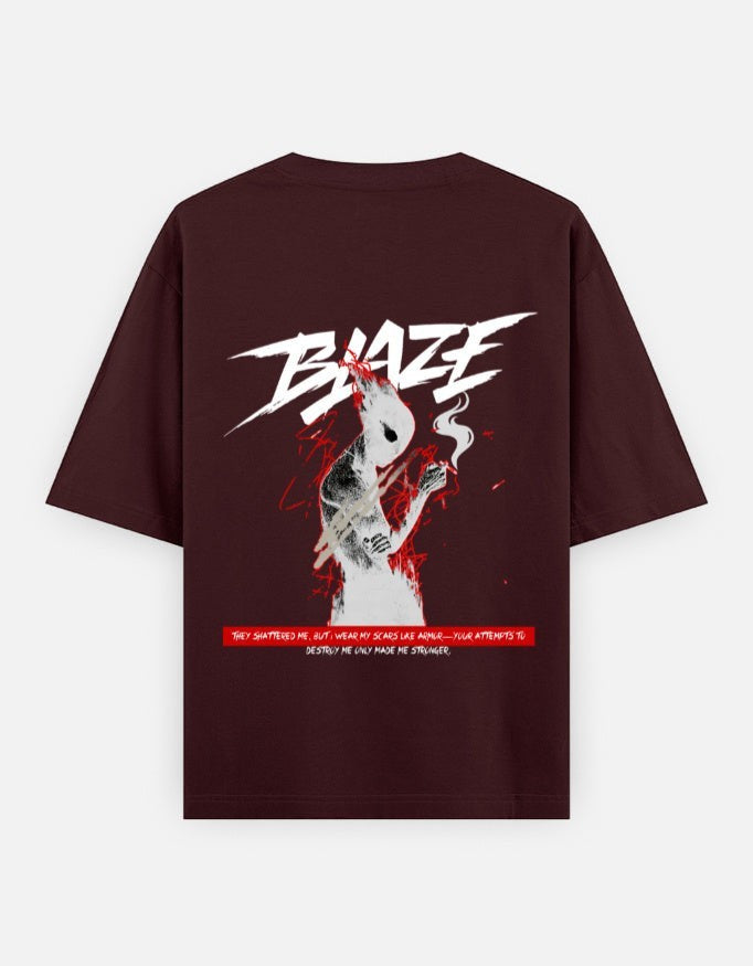 No Cap Co Blaze Oversized Classic T-Shirt in maroon 100% cotton with graphic print and text.