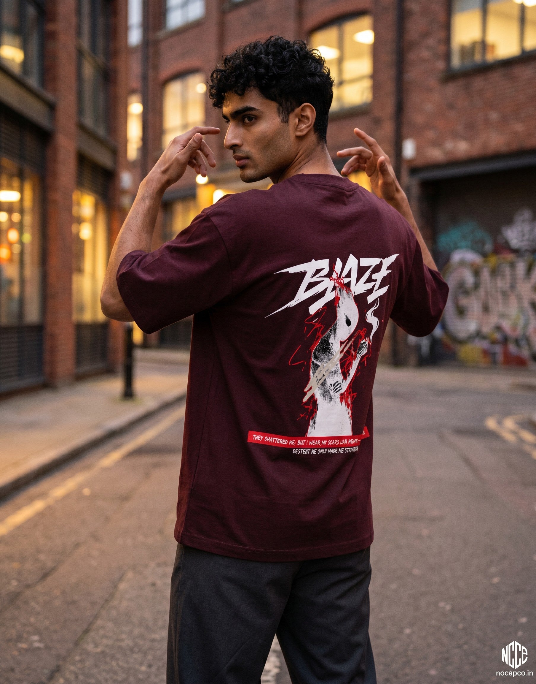 No Cap Co Blaze Oversized Classic T-Shirt in maroon 100% cotton with graphic print and text.