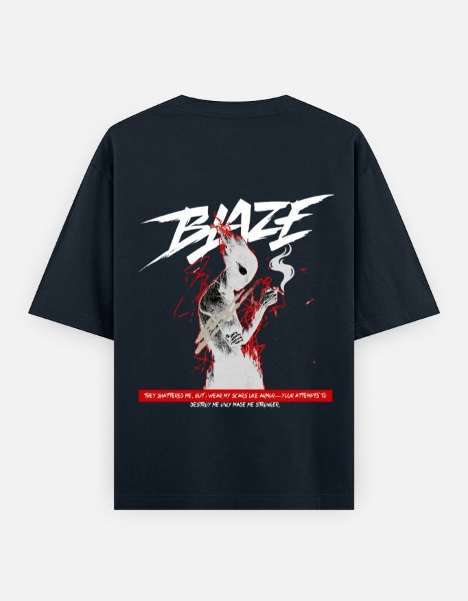 No Cap Co navy blue 100% cotton oversized t-shirt with a graphic print of a figure and the word BLAZE.
