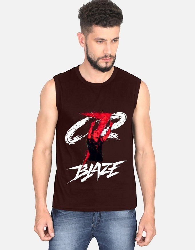 No Cap Co brown 100% cotton sleeveless t-shirt with graphic print and "BLAZE" text.