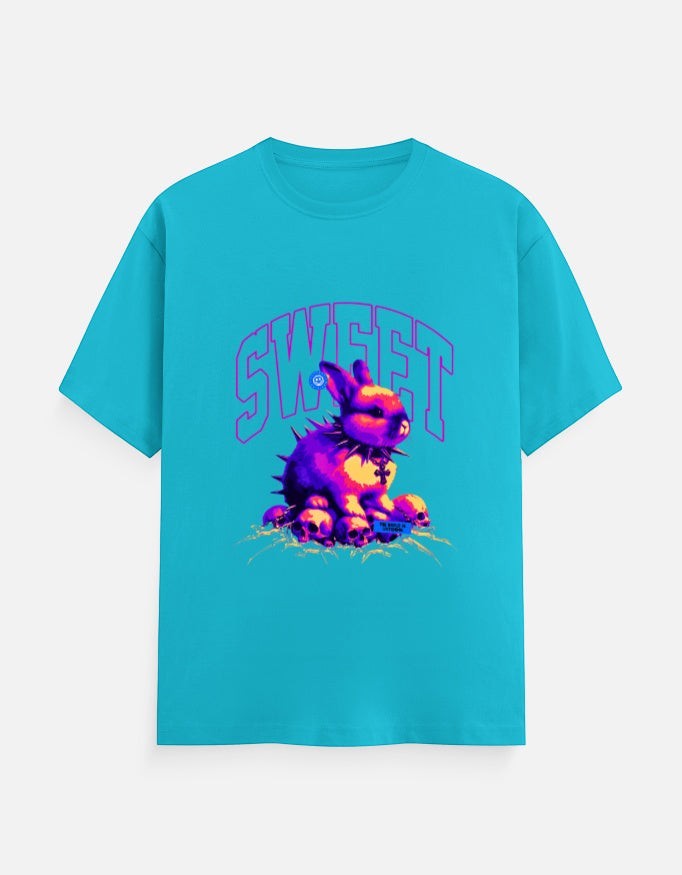 No Cap Co turquoise 100% cotton crew neck t-shirt with a graphic print of a punk bunny with spikes and skulls.