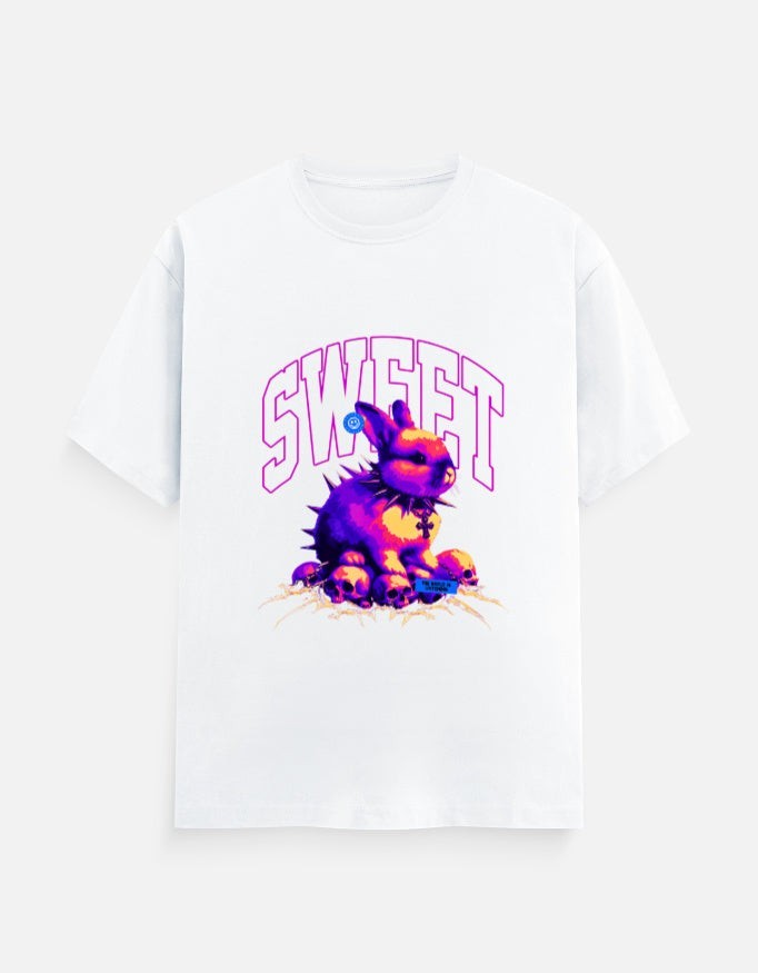 No Cap Co white 100% cotton crew neck t-shirt with a graphic print of a purple bunny wearing a spiked collar and a blue tag.