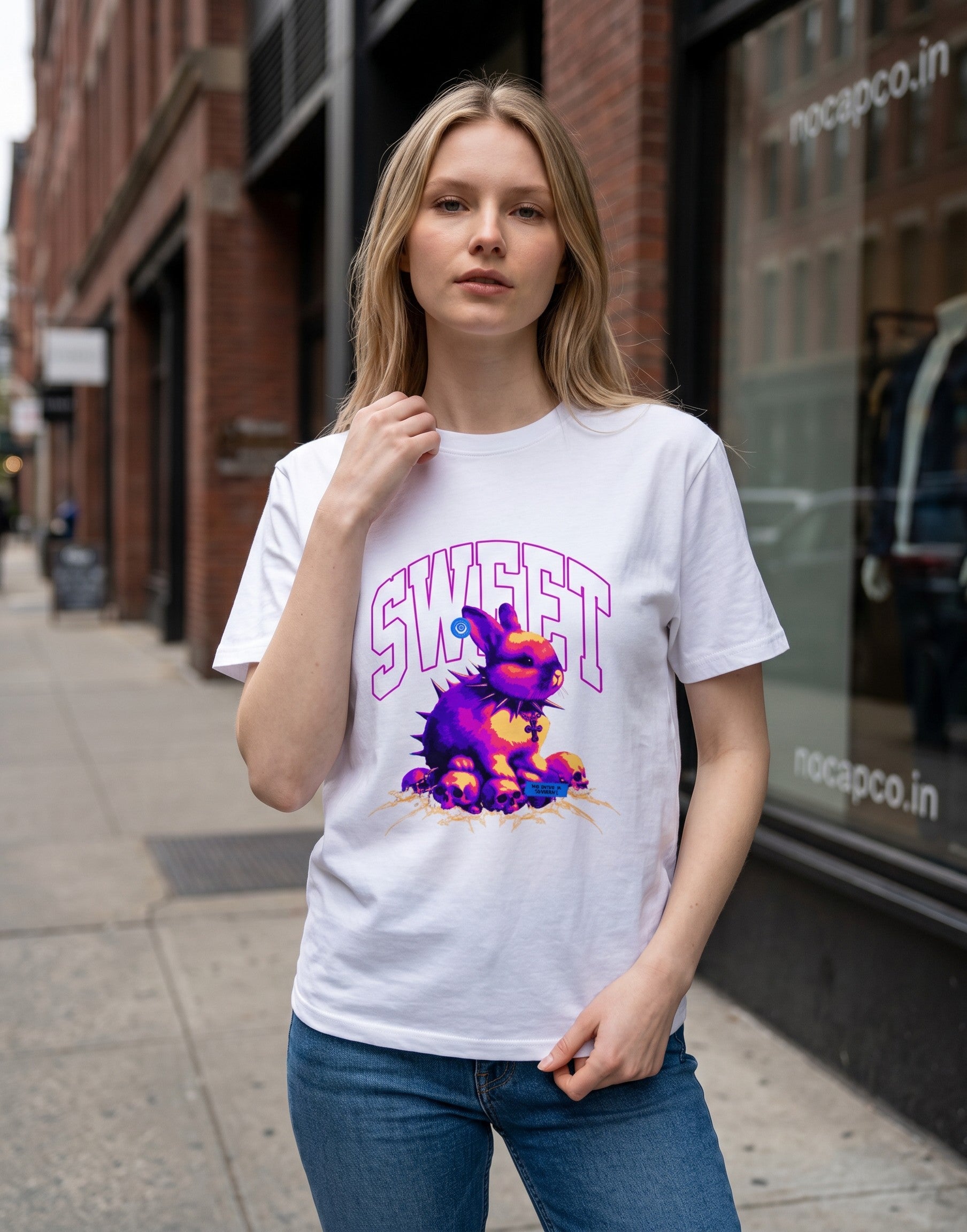 No Cap Co white 100% cotton crew neck t-shirt with a graphic print of a purple bunny wearing a spiked collar and surrounded by skulls.