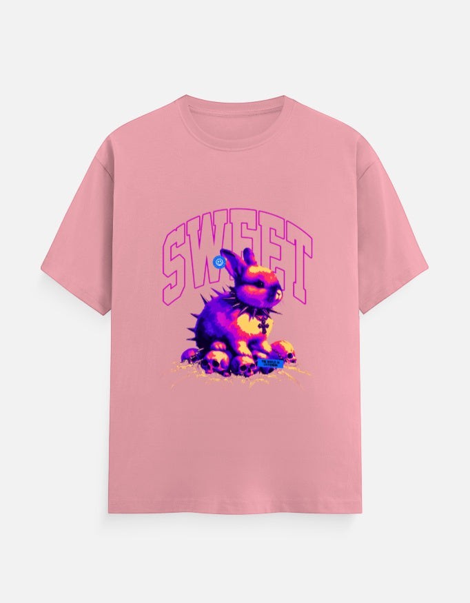 No Cap Co pink 100% cotton crew neck t-shirt with a graphic of a purple bunny wearing a spiked collar and surrounded by skulls.