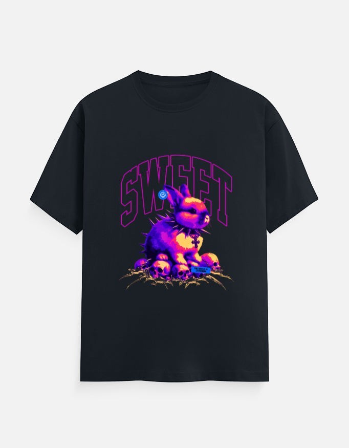 No Cap Co black 100% cotton crew neck t-shirt with a graphic print of a purple bunny surrounded by skulls and the word "SWEET".