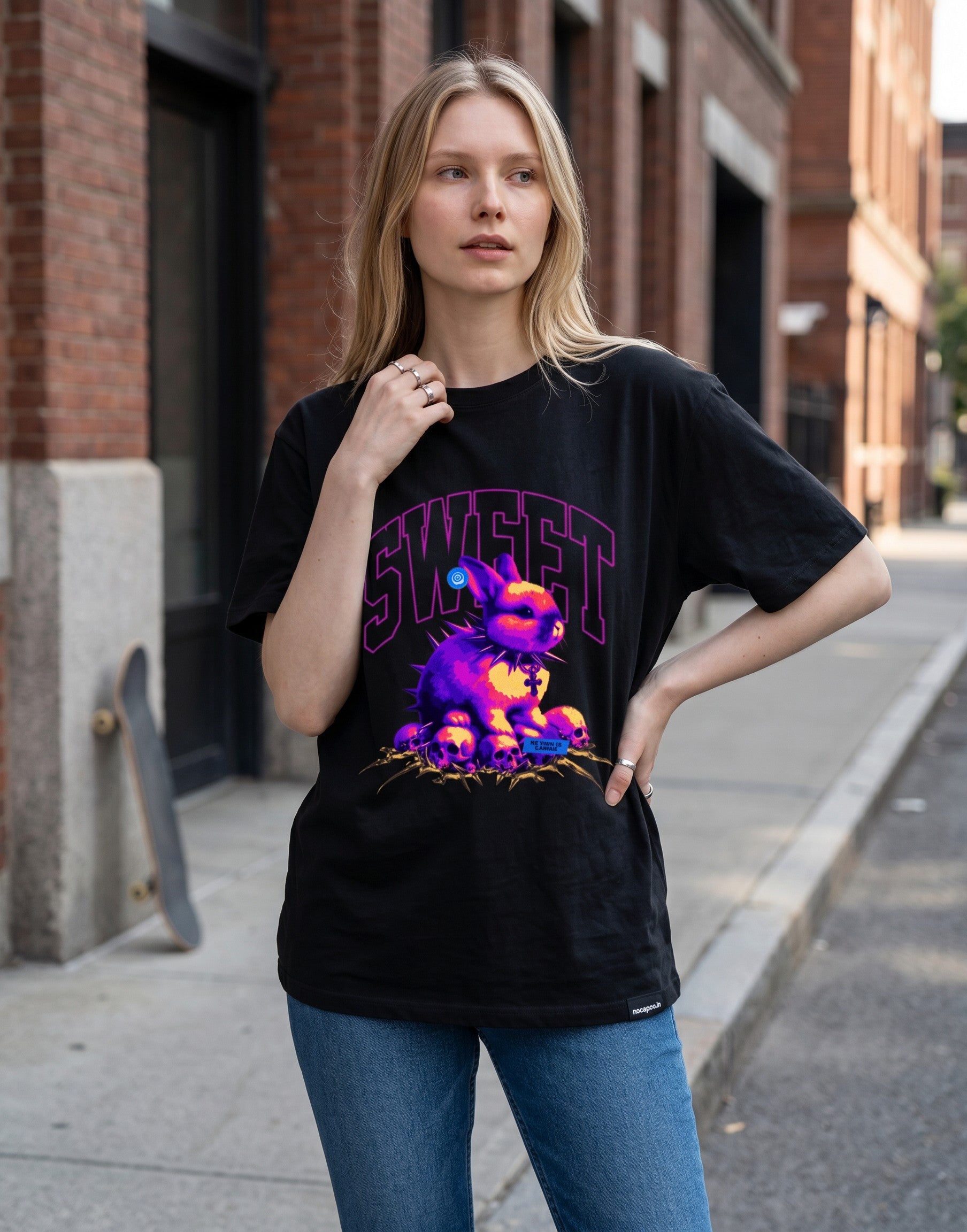 No Cap Co black 100% cotton crew neck t-shirt with a graphic print of a purple bunny with spikes and skulls.