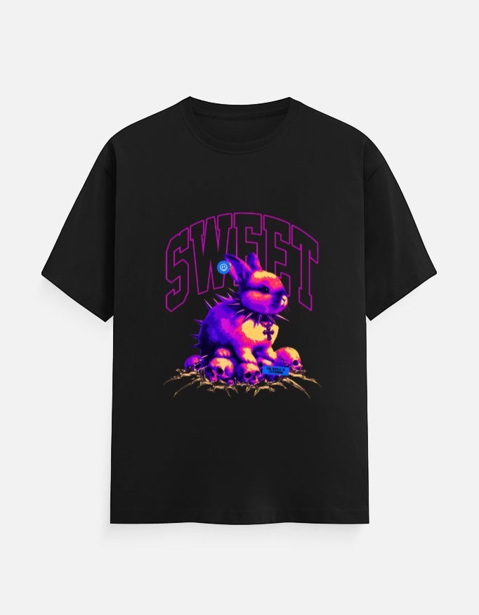 No Cap Co black 100% cotton crew neck t-shirt with a graphic of a purple bunny sitting on skulls, wearing a spiked collar, with the word SWEET above.