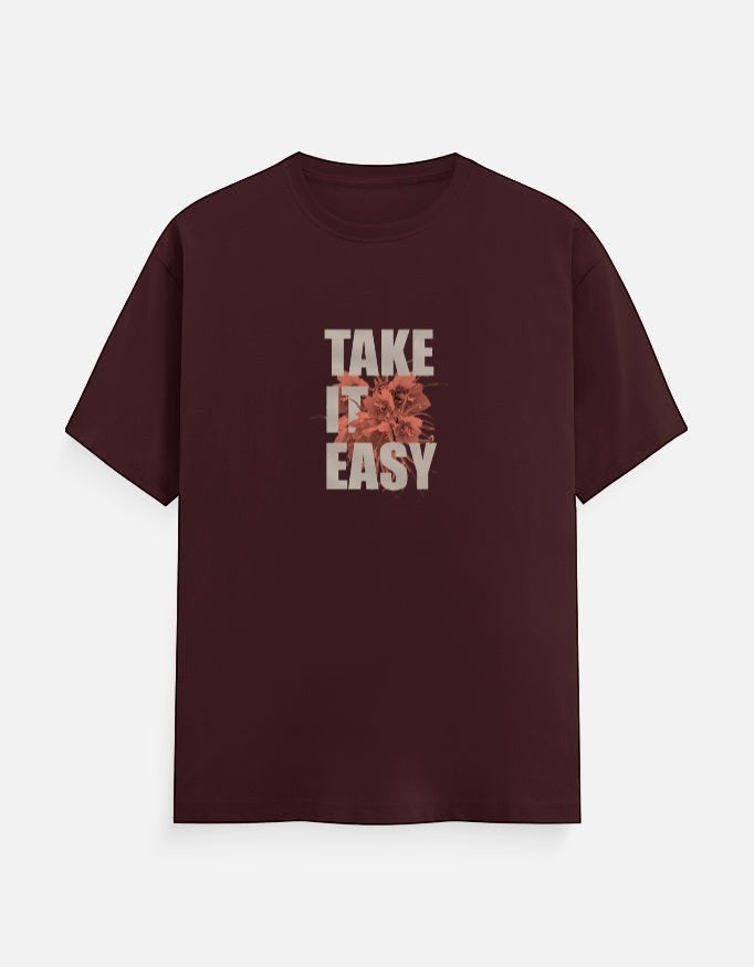 No Cap Co burgundy 100% cotton unisex t-shirt with "TAKE IT EASY" graphic print and floral detail.