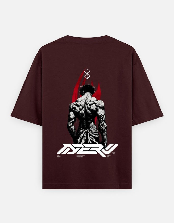 No Cap Co burgundy oversized 100% cotton t-shirt with graphic print of muscular figure and NERU logo.