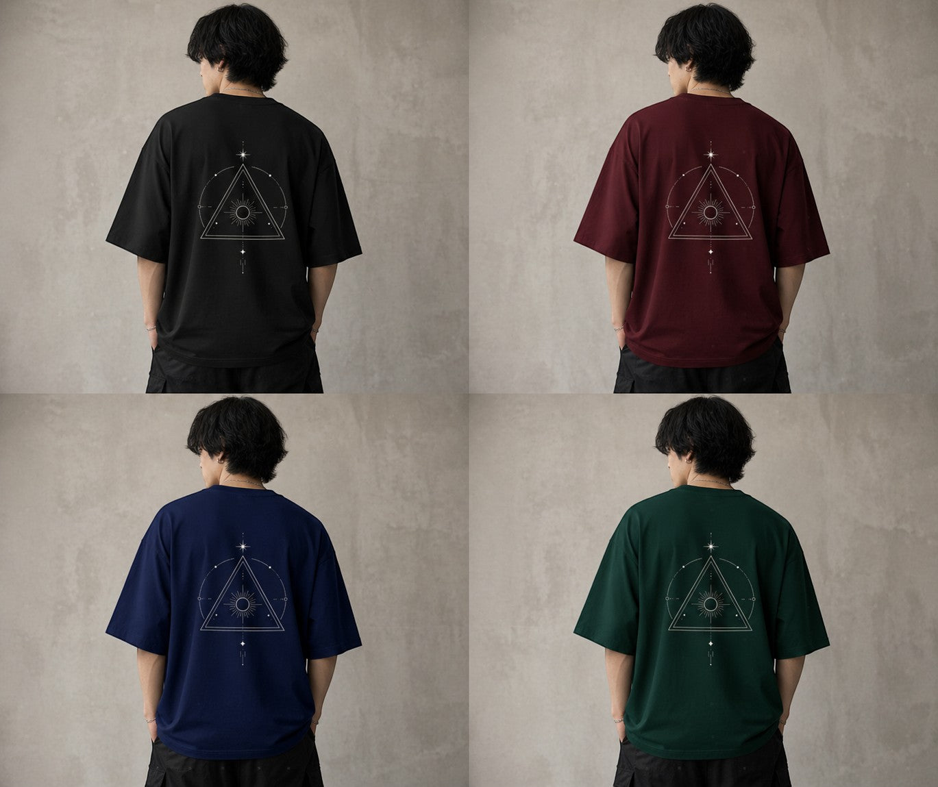 No Cap Co oversized cotton t-shirt in black, maroon, navy, and green, featuring a celestial triangle graphic on the back.