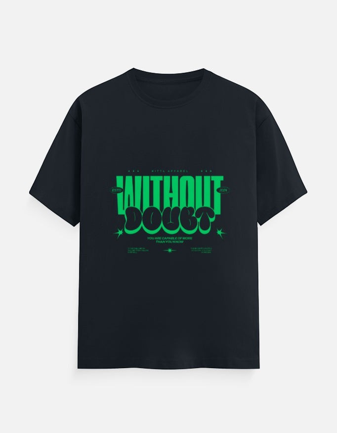 No Cap Co dark navy 100% cotton crew neck t-shirt with green "Without Doubt" graphic print.