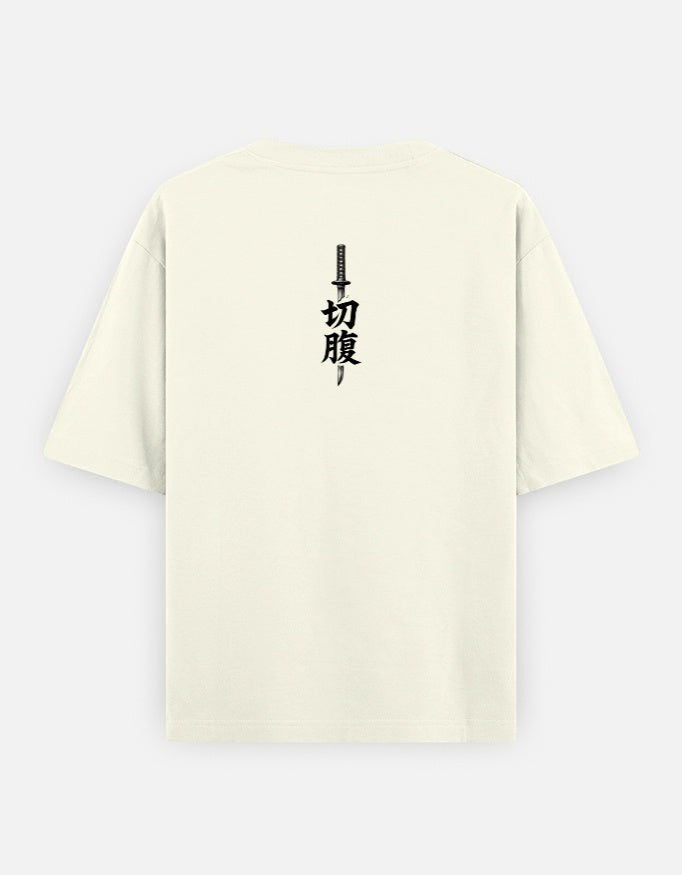 No Cap Co cream oversized t-shirt with Japanese characters and sword graphic on back. 240 GSM cotton-polyester blend.