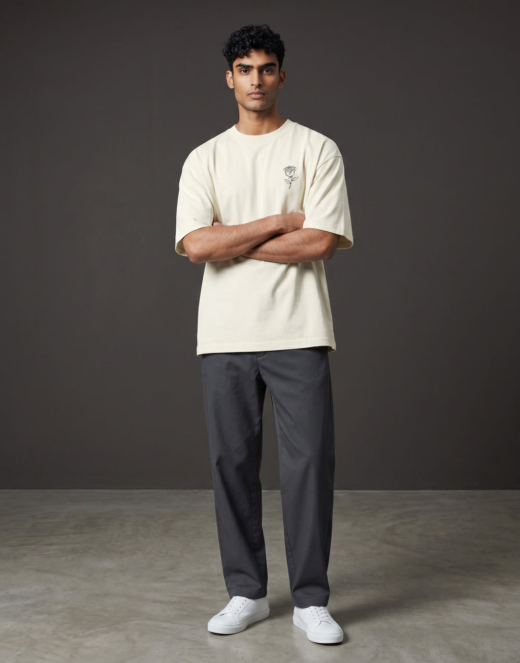 No Cap Co cream cotton t-shirt with embroidered rose graphic on chest, crew neck, relaxed fit.