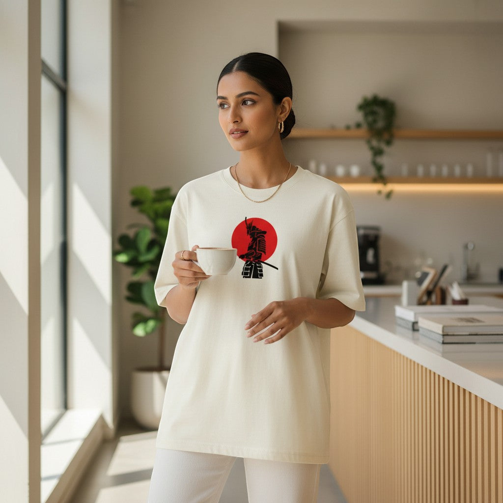 No Cap Co cream oversized t-shirt with a black samurai graphic and red sun. Model holds a coffee cup.