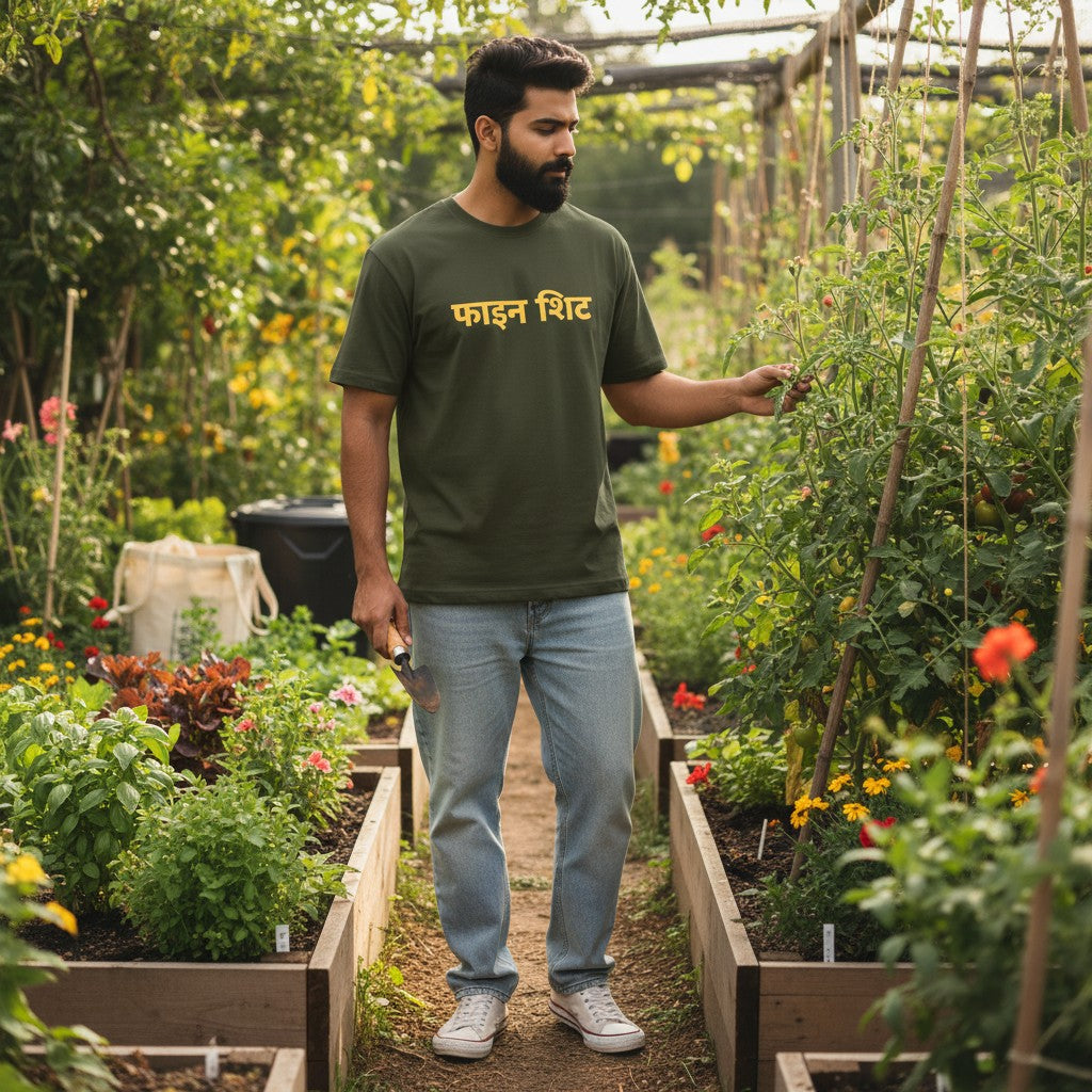 No Cap Co dark green 100% cotton unisex t-shirt with yellow Hindi script text "FINE SHYT" across the chest.