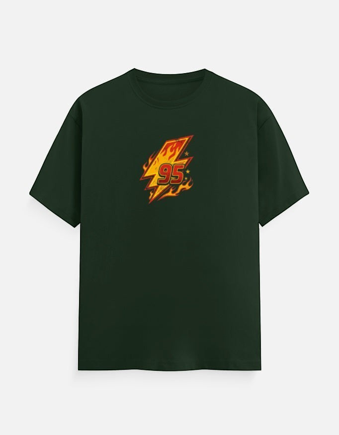 No Cap Co dark green 100% cotton unisex t-shirt with a bold lightning bolt graphic featuring the number 95 and flames.