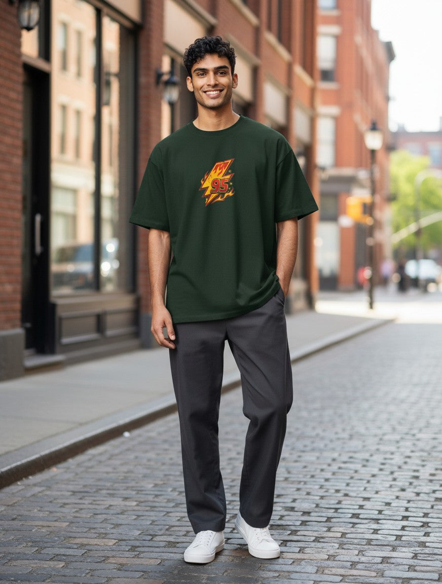 No Cap Co dark green 100% cotton t-shirt with a bold lightning bolt graphic and the number 95 in flames.