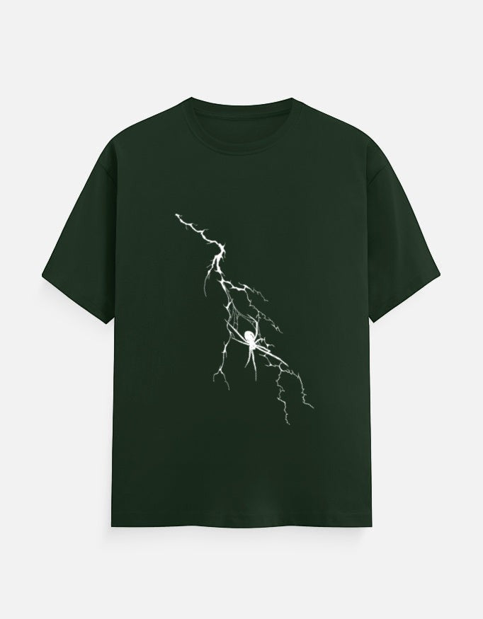 No Cap Co dark green 100% cotton crew neck t-shirt with a white lightning bolt and spider graphic.