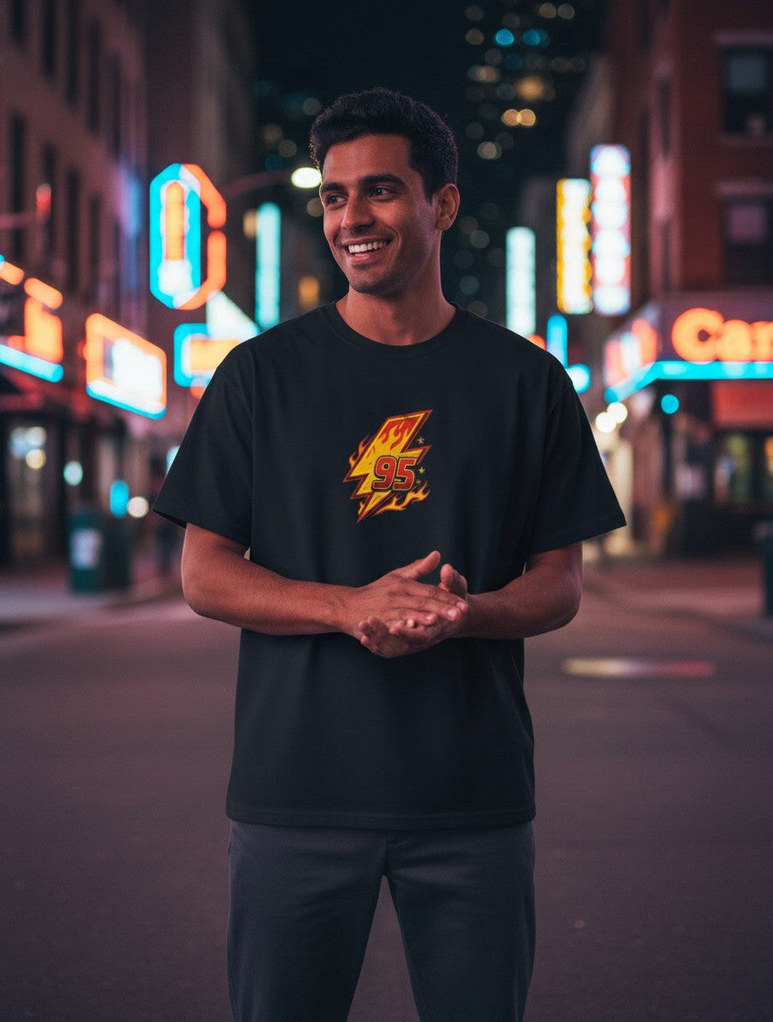 No Cap Co dark navy 100% cotton t-shirt with a fiery lightning bolt graphic featuring the number 95.