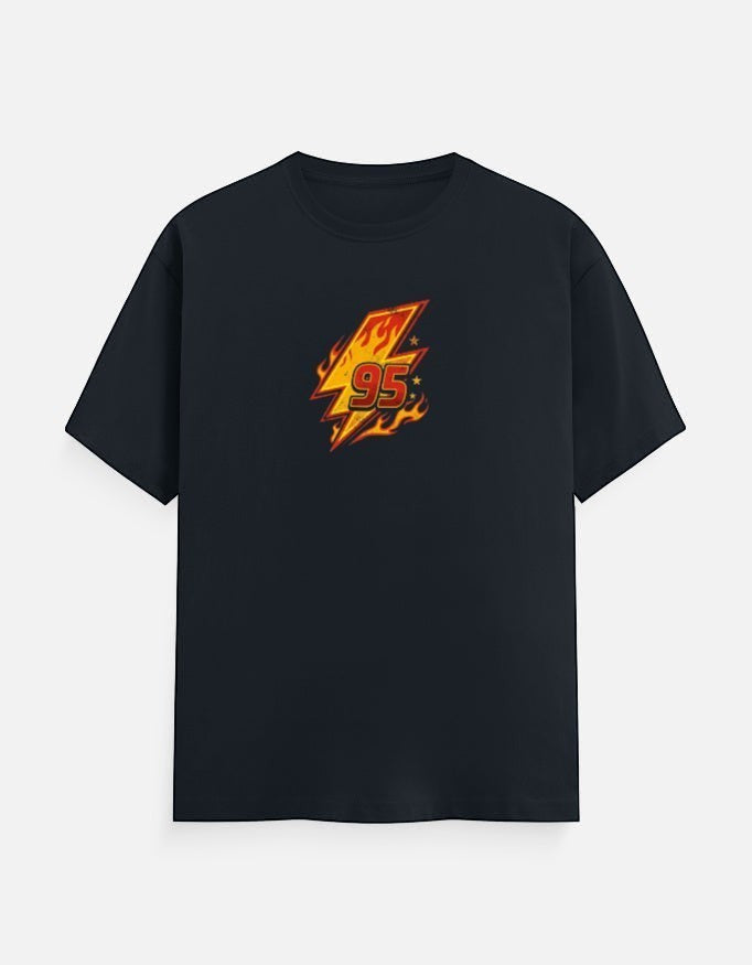 No Cap Co dark navy 100% cotton t-shirt with a bold lightning bolt graphic and the number 95 in flames.