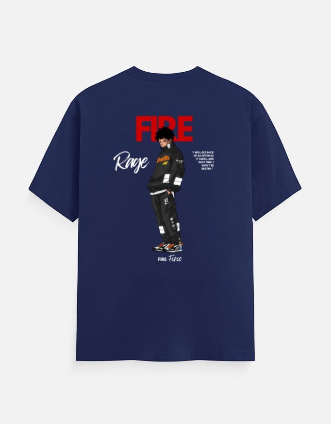 No Cap Co navy blue 100% cotton crew neck t-shirt with graphic print of anime character and text "FIRE Rage".