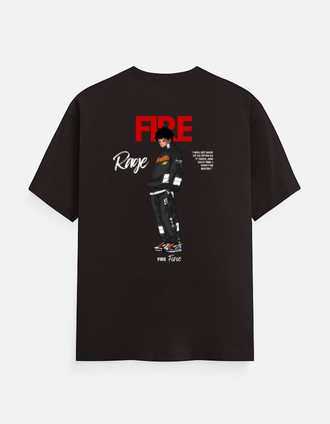 No Cap Co black 100% cotton crew t-shirt with 'FIRE' graphic and anime character print.