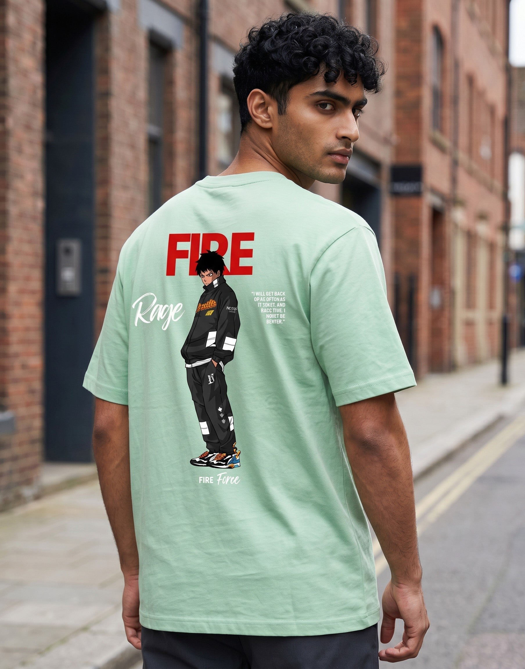No Cap Co light green 100% cotton crew neck t-shirt with 'FIRE' graphic and anime character print.