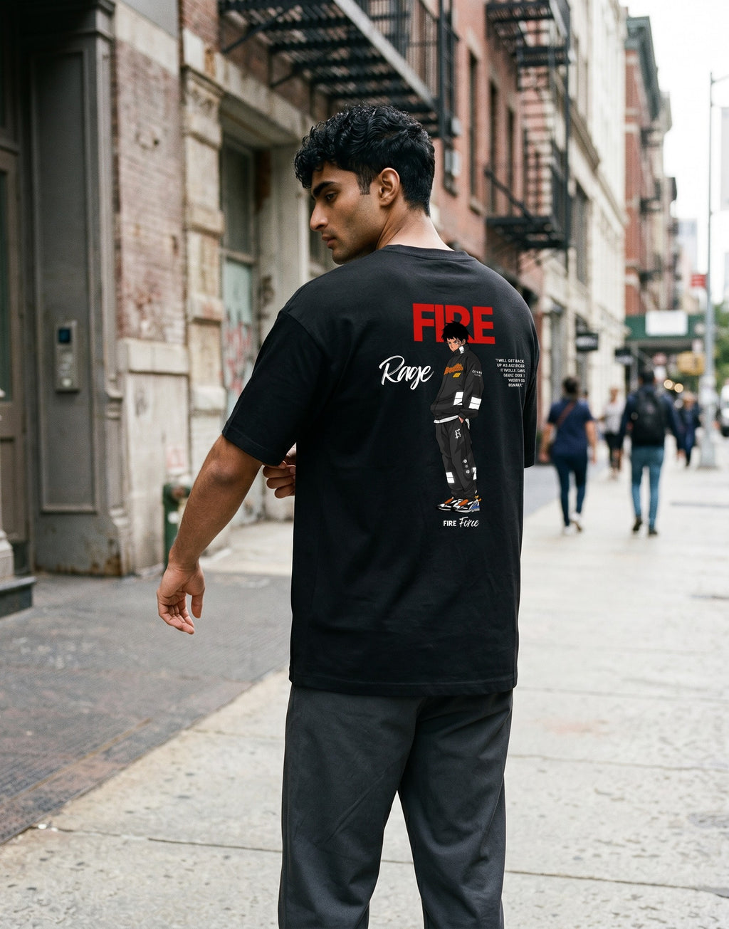No Cap Co black 100% cotton crew t-shirt with 'FIRE Rage' graphic and anime character on back.