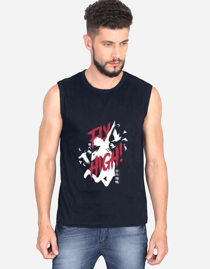 No Cap Co navy blue 100% cotton sleeveless t-shirt with a white and red "FLY HIGH!" graphic and birds.