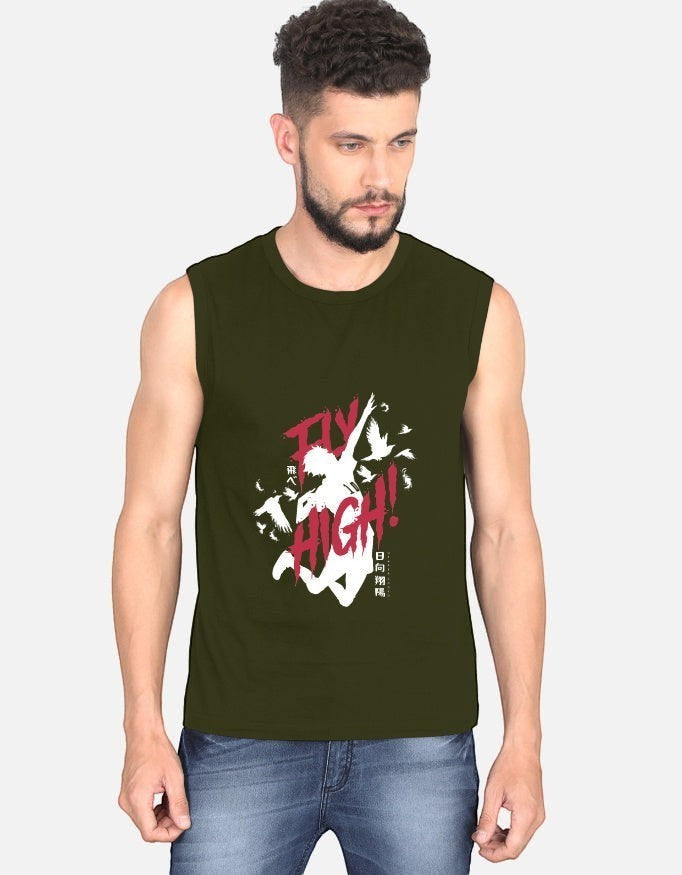 No Cap Co olive green 100% cotton sleeveless t-shirt with "FLY HIGH" graphic and birds. Regular fit.