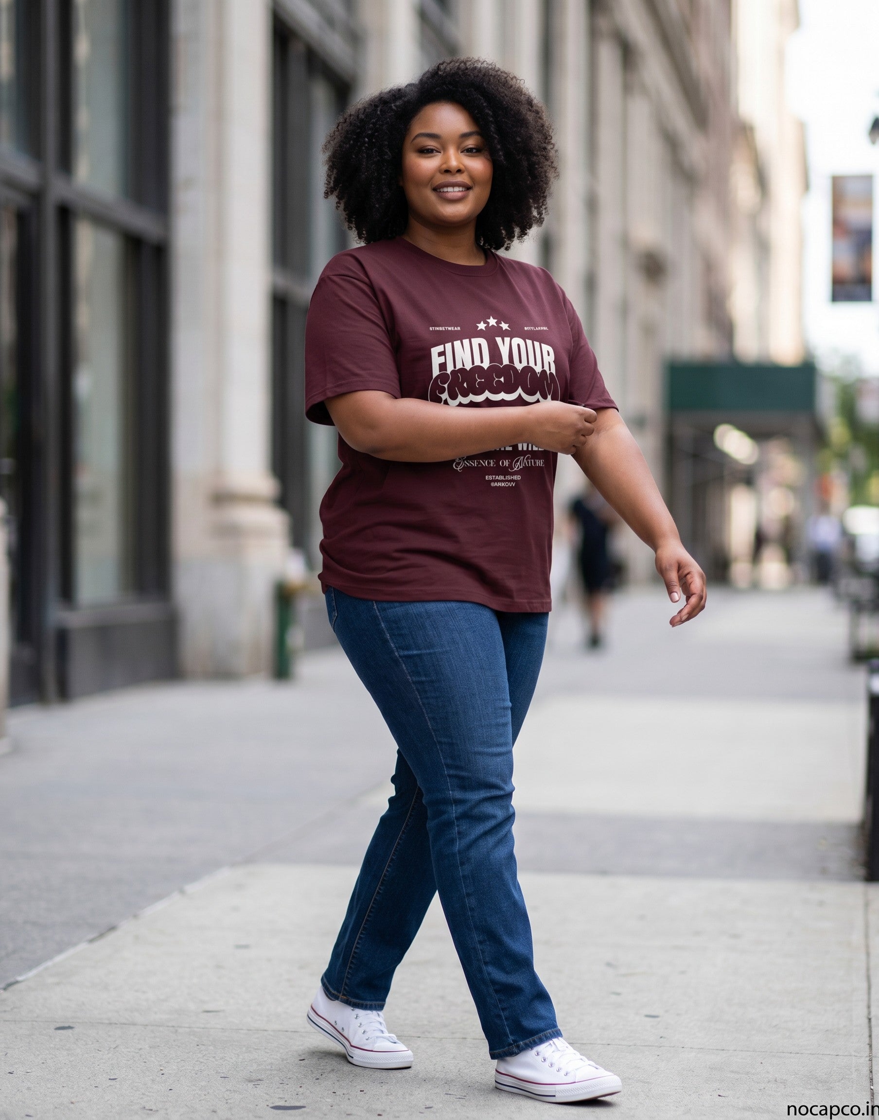 No Cap Co maroon 100% cotton crew neck t-shirt with "Find Your Freedom" graphic print.