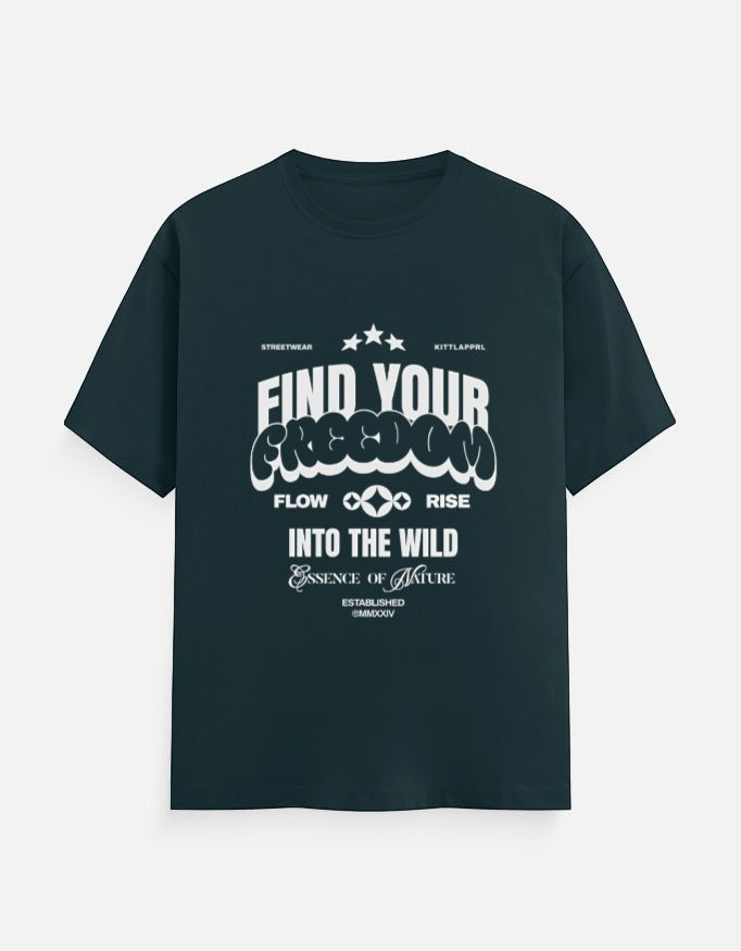 No Cap Co dark green 100% cotton crew neck t-shirt with "Find Your Freedom" graphic print.