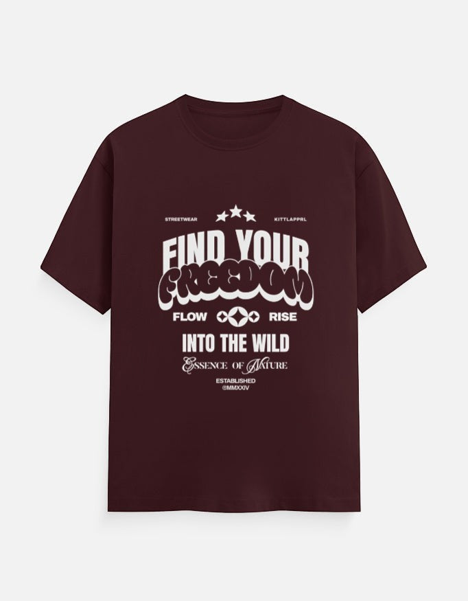 No Cap Co burgundy 100% cotton crew neck t-shirt with "Find Your Freedom Into The Wild" graphic print.