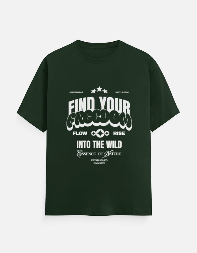 No Cap Co dark green 100% cotton crew neck t-shirt with "Find Your Freedom Into The Wild" graphic print.
