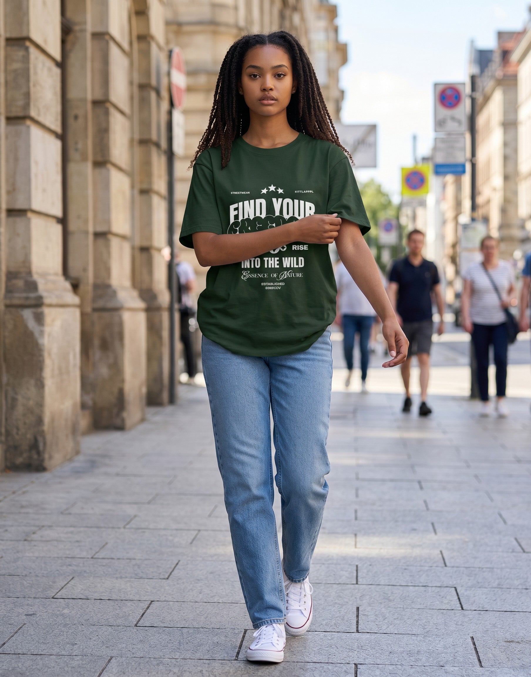 No Cap Co dark green 100% cotton crew neck t-shirt with "Find Your Freedom" graphic print.