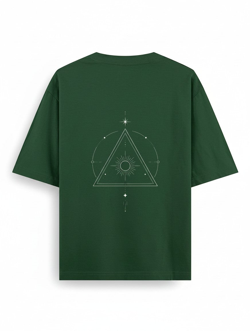 No Cap Co dark green oversized cotton-polyester blend t-shirt with a white geometric sun and celestial print.