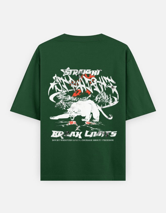 No Cap Co green 100% cotton oversized t-shirt with a graphic print of a white panther and the text "BREAK LIMITS".
