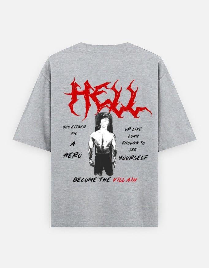 No Cap Co grey 100% cotton oversized t-shirt with red 'HELL' graphic and a graphic of a muscular figure.