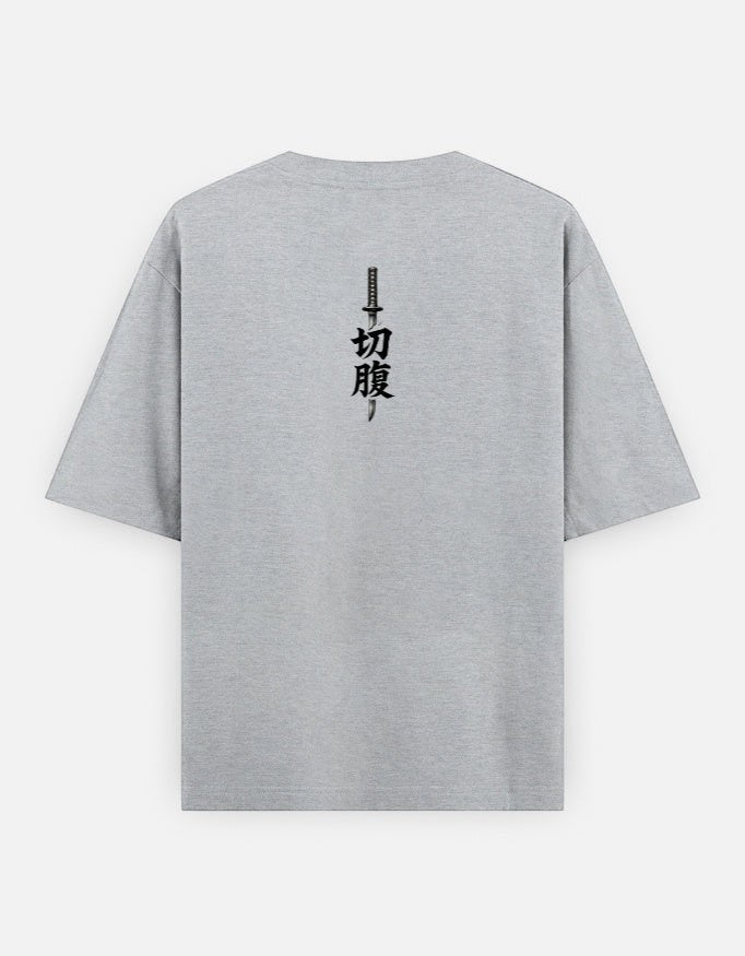 No Cap Co grey oversized t-shirt with Japanese text and sword graphic on back. 240 GSM cotton-polyester blend.