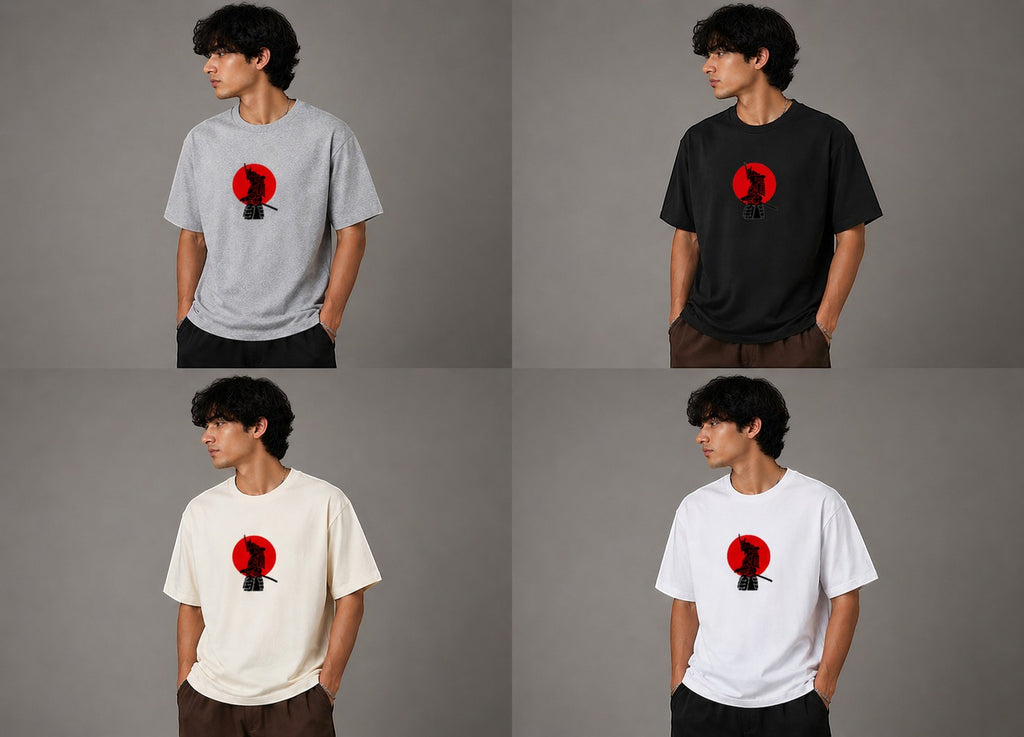 No Cap Co grey oversized t-shirt with samurai graphic and red sun. 240 GSM cotton-polyester blend.