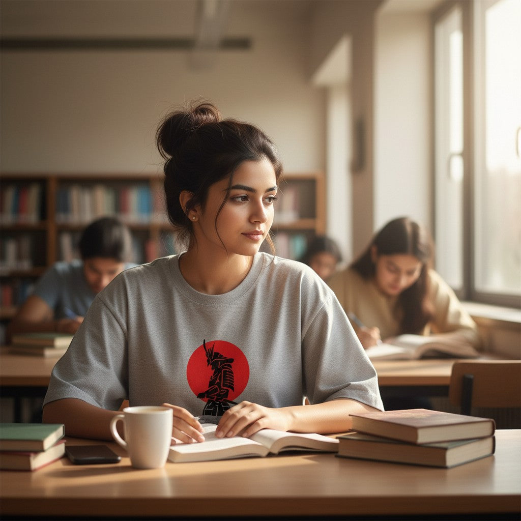 No Cap Co grey oversized t-shirt with a red circle graphic featuring a samurai warrior. Model is sitting at a desk in a library.
