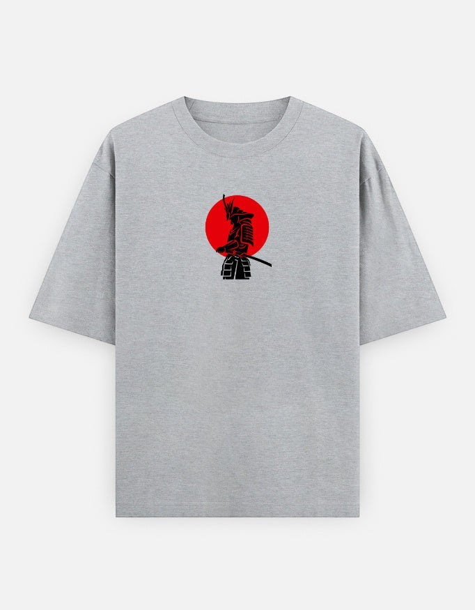 No Cap Co grey oversized t-shirt with a black samurai graphic and red sun.