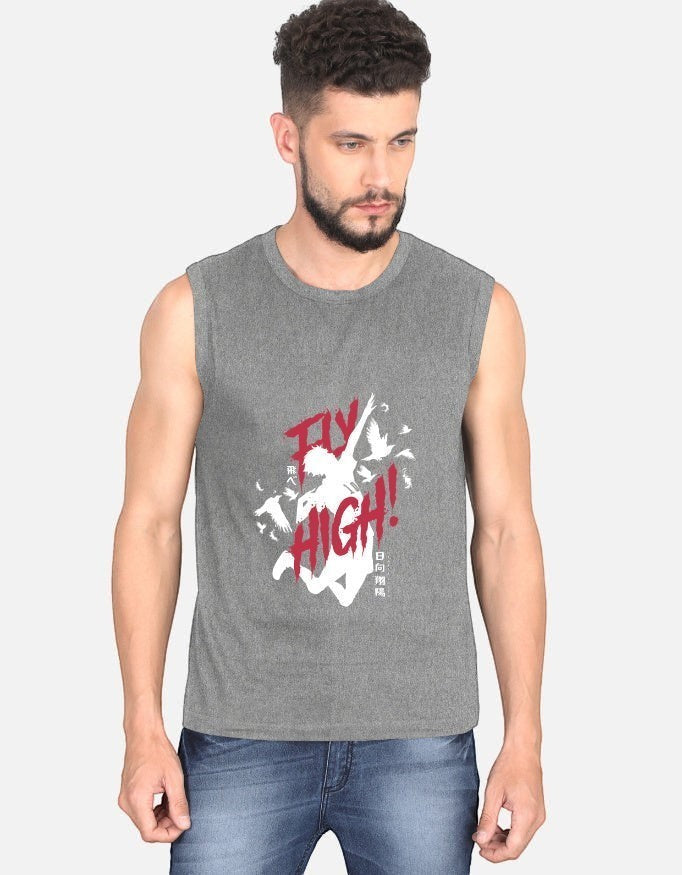 No Cap Co grey 100% cotton sleeveless t-shirt with "FLY HIGH!" graphic print and Japanese text.