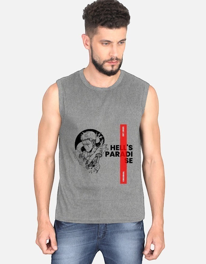 No Cap Co grey 100% cotton sleeveless t-shirt with graphic print and text detail.