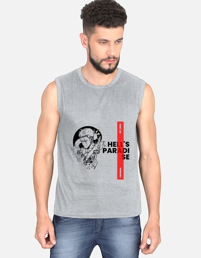 No Cap Co grey 100% cotton sleeveless t-shirt with "Hell's Paradise" graphic and regular fit.