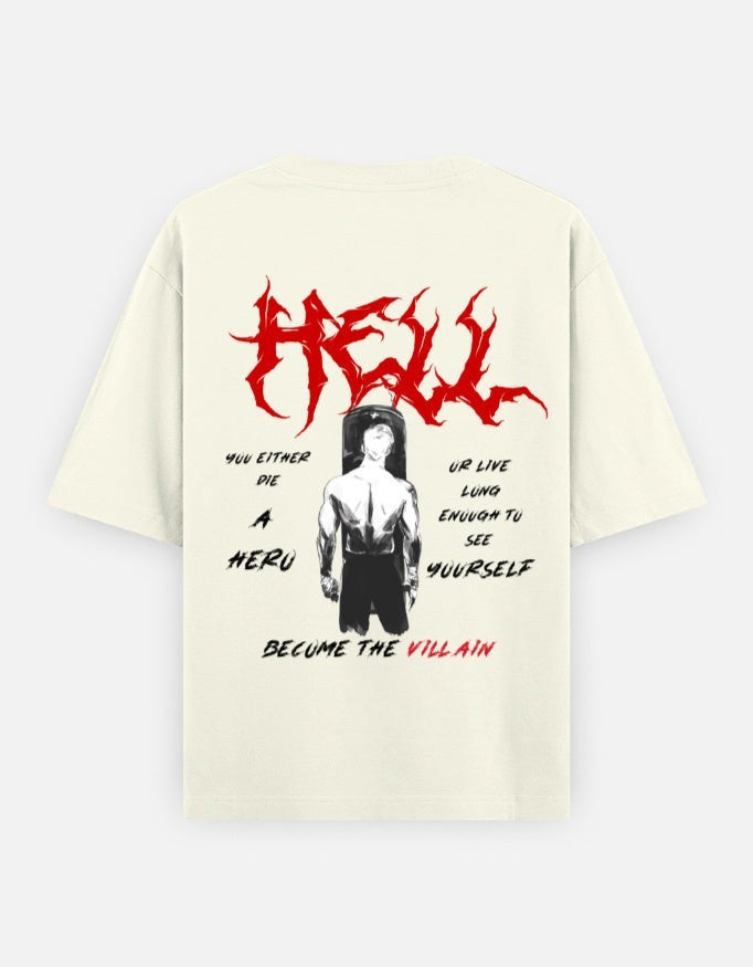 No Cap Co Hell Oversized Classic T-Shirt in cream, 100% cotton with graphic print on back.