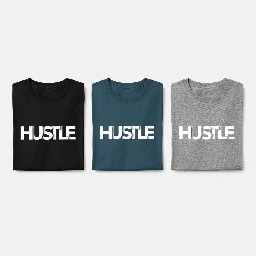 No Cap Co dark teal 100% cotton unisex regular fit t-shirt with bold white "HUSTLE" text graphic.