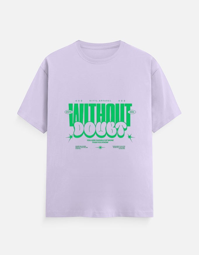 No Cap Co lavender 100% cotton crew neck t-shirt with green "WITHOUT DOUBT" graphic print and text details.
