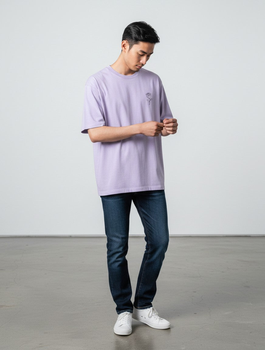 No Cap Co lilac cotton t-shirt with embroidered rose graphic on chest, crew neck, relaxed fit.
